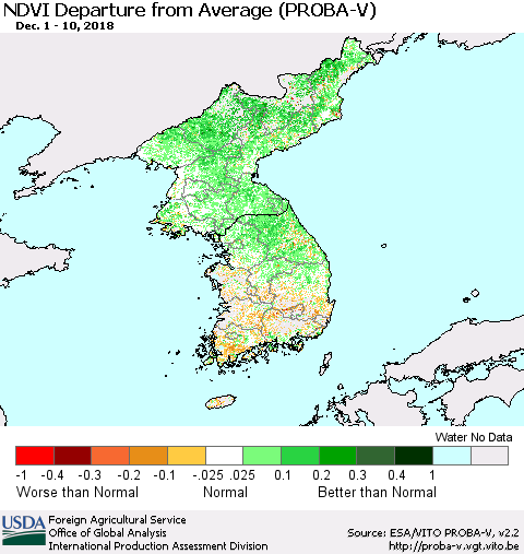 Korea NDVI Departure from Average (PROBA-V) Thematic Map For 12/1/2018 - 12/10/2018
