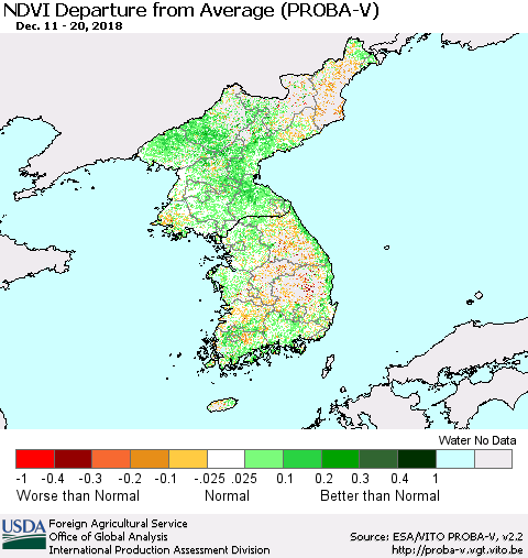 Korea NDVI Departure from Average (PROBA-V) Thematic Map For 12/11/2018 - 12/20/2018