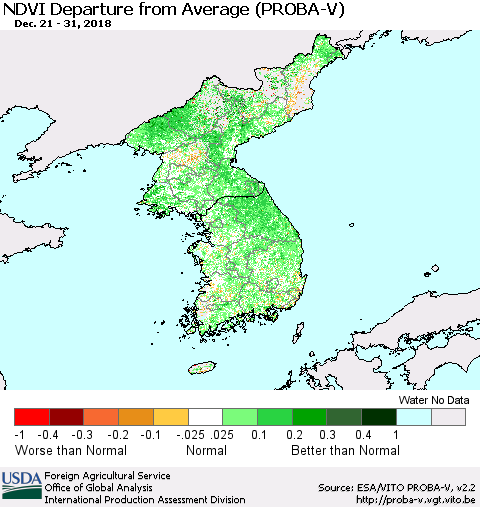 Korea NDVI Departure from Average (PROBA-V) Thematic Map For 12/21/2018 - 12/31/2018