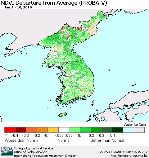Korea NDVI Departure from Average (PROBA-V) Thematic Map For 1/1/2019 - 1/10/2019