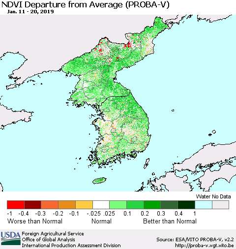 Korea NDVI Departure from Average (PROBA-V) Thematic Map For 1/11/2019 - 1/20/2019