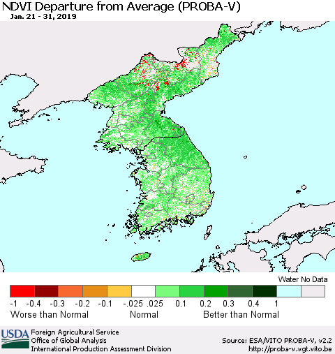 Korea NDVI Departure from Average (PROBA-V) Thematic Map For 1/21/2019 - 1/31/2019