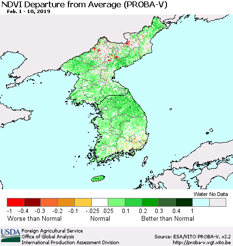 Korea NDVI Departure from Average (PROBA-V) Thematic Map For 2/1/2019 - 2/10/2019