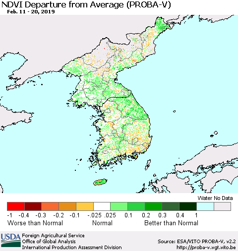 Korea NDVI Departure from Average (PROBA-V) Thematic Map For 2/11/2019 - 2/20/2019