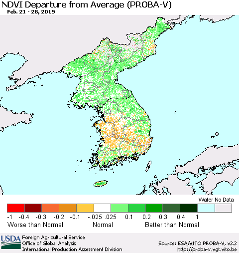 Korea NDVI Departure from Average (PROBA-V) Thematic Map For 2/21/2019 - 2/28/2019