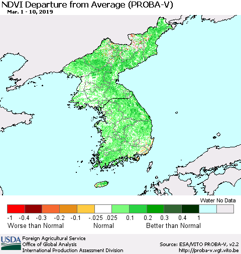 Korea NDVI Departure from Average (PROBA-V) Thematic Map For 3/1/2019 - 3/10/2019