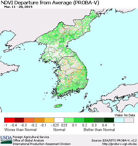Korea NDVI Departure from Average (PROBA-V) Thematic Map For 3/11/2019 - 3/20/2019