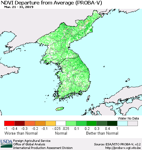 Korea NDVI Departure from Average (PROBA-V) Thematic Map For 3/21/2019 - 3/31/2019