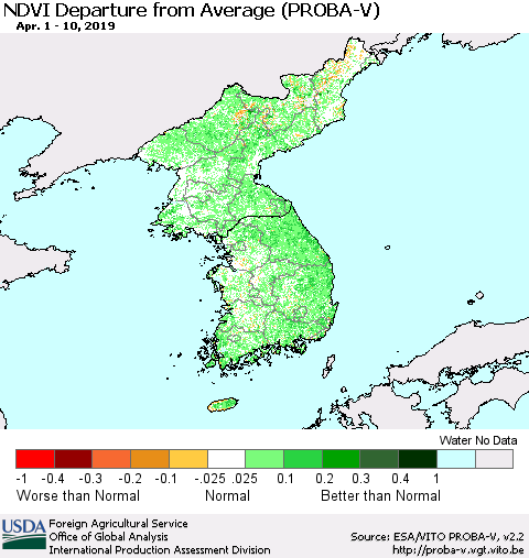 Korea NDVI Departure from Average (PROBA-V) Thematic Map For 4/1/2019 - 4/10/2019