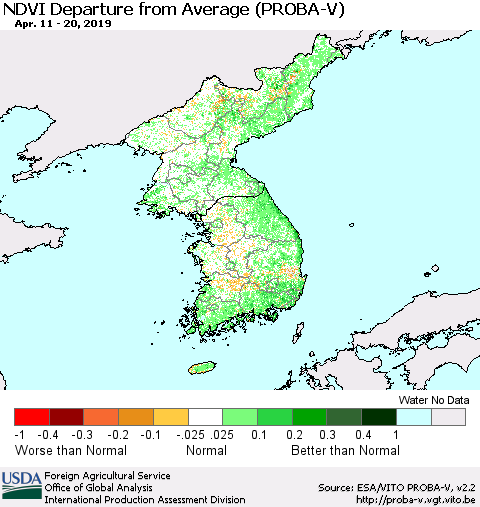 Korea NDVI Departure from Average (PROBA-V) Thematic Map For 4/11/2019 - 4/20/2019