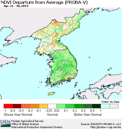 Korea NDVI Departure from Average (PROBA-V) Thematic Map For 4/21/2019 - 4/30/2019
