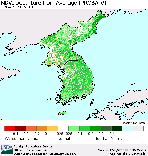 Korea NDVI Departure from Average (PROBA-V) Thematic Map For 5/1/2019 - 5/10/2019