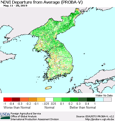 Korea NDVI Departure from Average (PROBA-V) Thematic Map For 5/11/2019 - 5/20/2019
