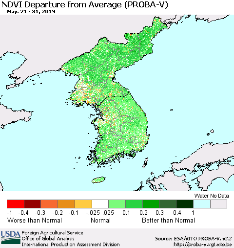 Korea NDVI Departure from Average (PROBA-V) Thematic Map For 5/21/2019 - 5/31/2019