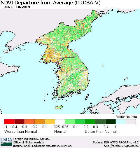 Korea NDVI Departure from Average (PROBA-V) Thematic Map For 6/1/2019 - 6/10/2019