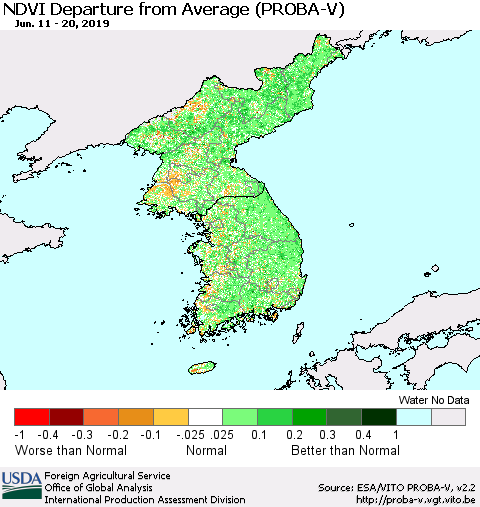 Korea NDVI Departure from Average (PROBA-V) Thematic Map For 6/11/2019 - 6/20/2019