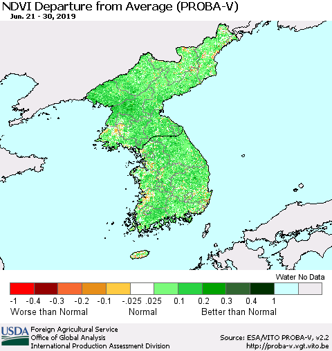 Korea NDVI Departure from Average (PROBA-V) Thematic Map For 6/21/2019 - 6/30/2019