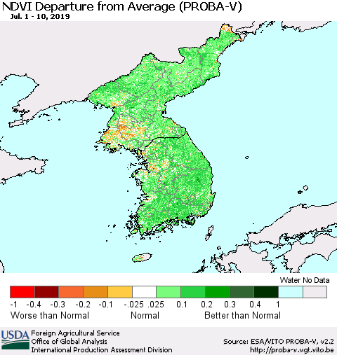 Korea NDVI Departure from Average (PROBA-V) Thematic Map For 7/1/2019 - 7/10/2019