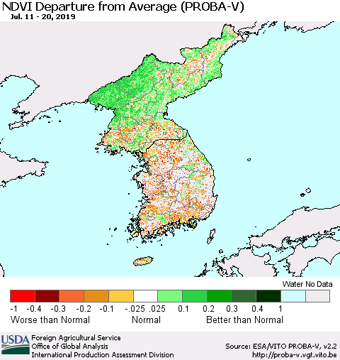 Korea NDVI Departure from Average (PROBA-V) Thematic Map For 7/11/2019 - 7/20/2019
