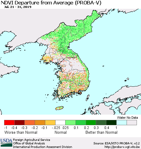 Korea NDVI Departure from Average (PROBA-V) Thematic Map For 7/21/2019 - 7/31/2019