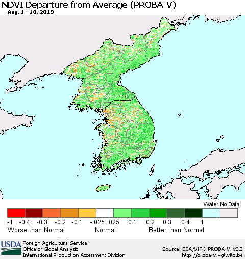 Korea NDVI Departure from Average (PROBA-V) Thematic Map For 8/1/2019 - 8/10/2019