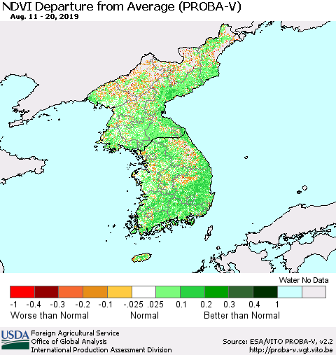 Korea NDVI Departure from Average (PROBA-V) Thematic Map For 8/11/2019 - 8/20/2019