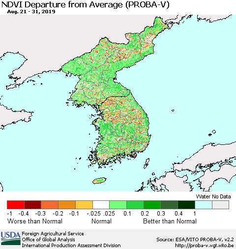 Korea NDVI Departure from Average (PROBA-V) Thematic Map For 8/21/2019 - 8/31/2019