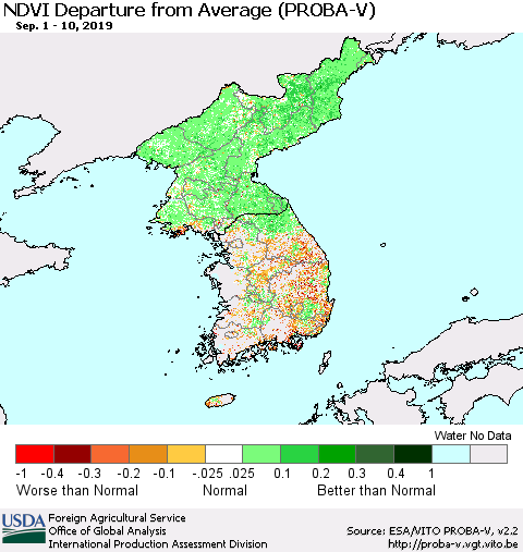 Korea NDVI Departure from Average (PROBA-V) Thematic Map For 9/1/2019 - 9/10/2019