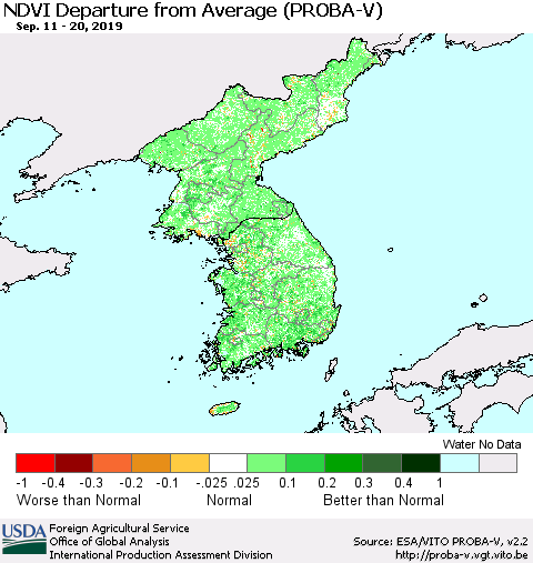 Korea NDVI Departure from Average (PROBA-V) Thematic Map For 9/11/2019 - 9/20/2019