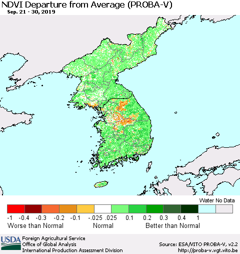 Korea NDVI Departure from Average (PROBA-V) Thematic Map For 9/21/2019 - 9/30/2019