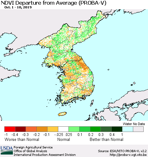 Korea NDVI Departure from Average (PROBA-V) Thematic Map For 10/1/2019 - 10/10/2019