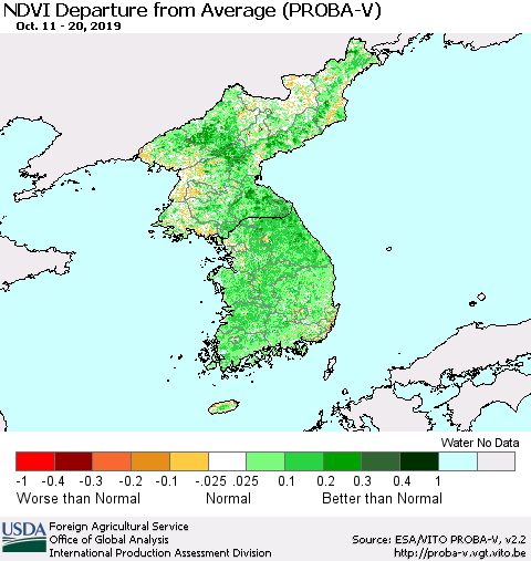Korea NDVI Departure from Average (PROBA-V) Thematic Map For 10/11/2019 - 10/20/2019