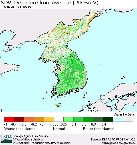 Korea NDVI Departure from Average (PROBA-V) Thematic Map For 10/21/2019 - 10/31/2019