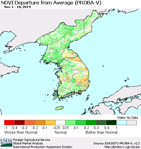 Korea NDVI Departure from Average (PROBA-V) Thematic Map For 11/1/2019 - 11/10/2019