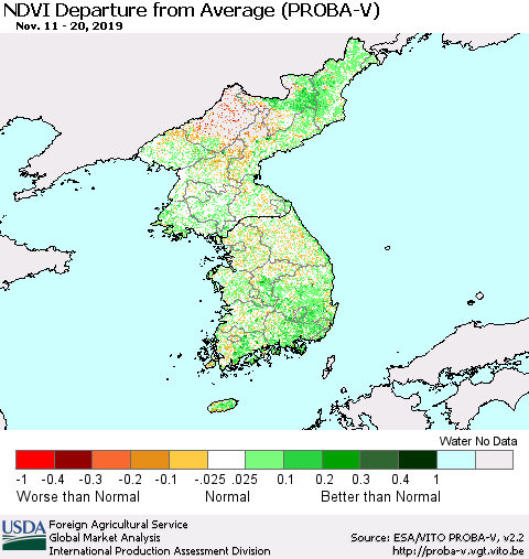 Korea NDVI Departure from Average (PROBA-V) Thematic Map For 11/11/2019 - 11/20/2019