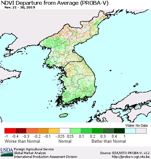 Korea NDVI Departure from Average (PROBA-V) Thematic Map For 11/21/2019 - 11/30/2019