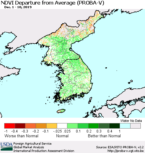 Korea NDVI Departure from Average (PROBA-V) Thematic Map For 12/1/2019 - 12/10/2019
