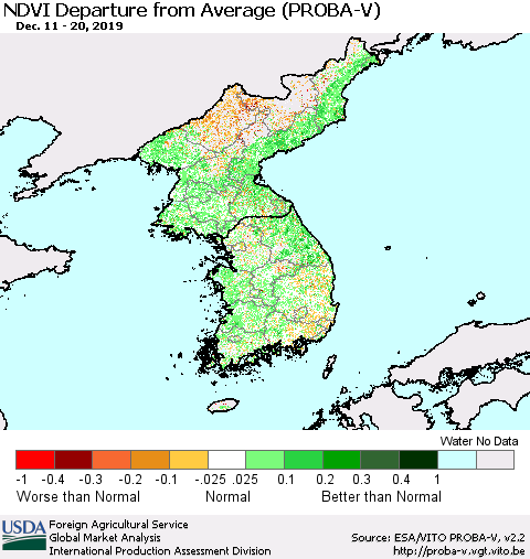 Korea NDVI Departure from Average (PROBA-V) Thematic Map For 12/11/2019 - 12/20/2019