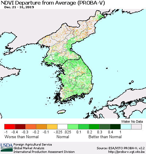 Korea NDVI Departure from Average (PROBA-V) Thematic Map For 12/21/2019 - 12/31/2019