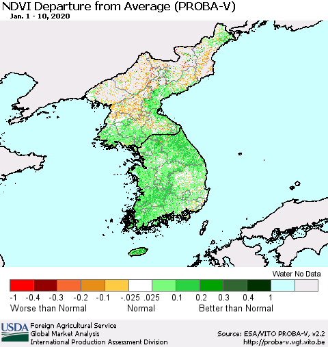 Korea NDVI Departure from Average (PROBA-V) Thematic Map For 1/1/2020 - 1/10/2020