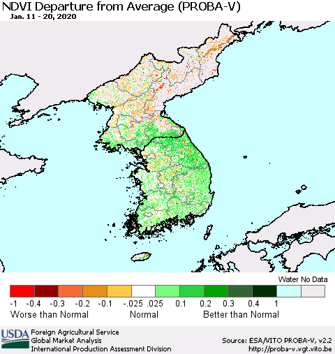 Korea NDVI Departure from Average (PROBA-V) Thematic Map For 1/11/2020 - 1/20/2020