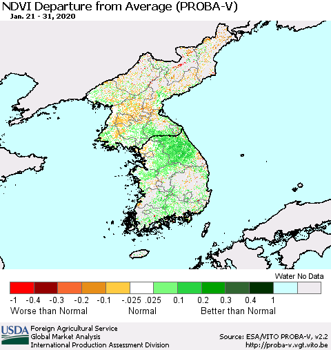 Korea NDVI Departure from Average (PROBA-V) Thematic Map For 1/21/2020 - 1/31/2020
