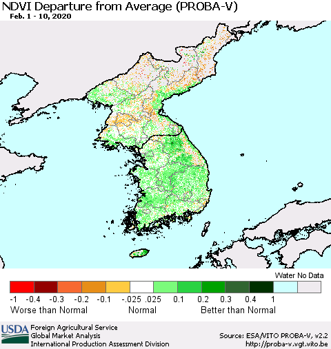 Korea NDVI Departure from Average (PROBA-V) Thematic Map For 2/1/2020 - 2/10/2020