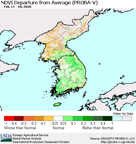 Korea NDVI Departure from Average (PROBA-V) Thematic Map For 2/11/2020 - 2/20/2020