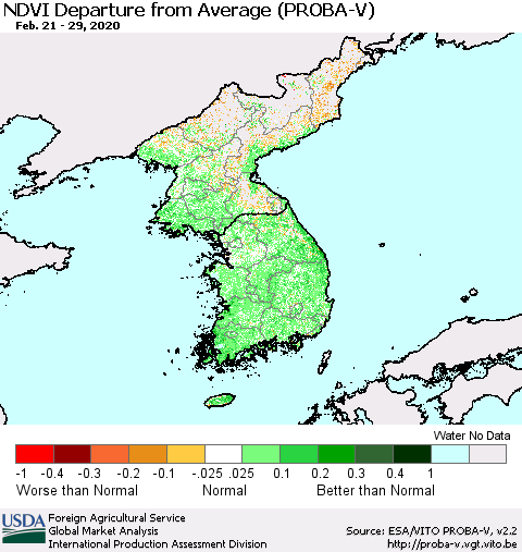 Korea NDVI Departure from Average (PROBA-V) Thematic Map For 2/21/2020 - 2/29/2020