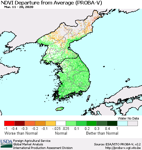 Korea NDVI Departure from Average (PROBA-V) Thematic Map For 3/11/2020 - 3/20/2020
