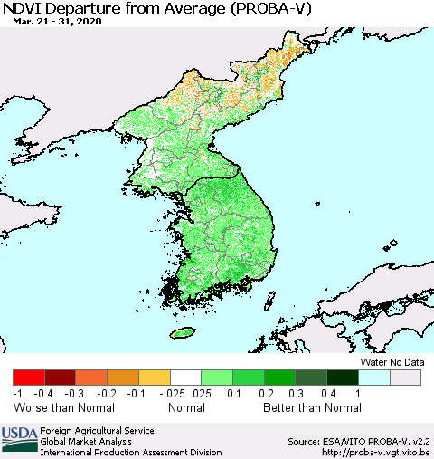 Korea NDVI Departure from Average (PROBA-V) Thematic Map For 3/21/2020 - 3/31/2020