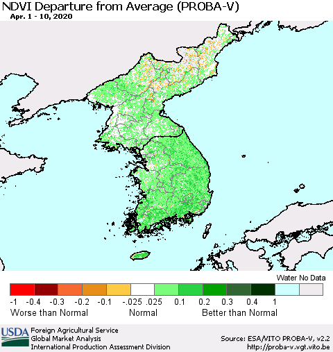 Korea NDVI Departure from Average (PROBA-V) Thematic Map For 4/1/2020 - 4/10/2020