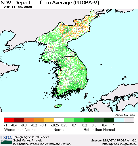 Korea NDVI Departure from Average (PROBA-V) Thematic Map For 4/11/2020 - 4/20/2020