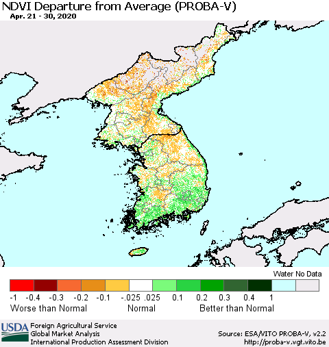 Korea NDVI Departure from Average (PROBA-V) Thematic Map For 4/21/2020 - 4/30/2020